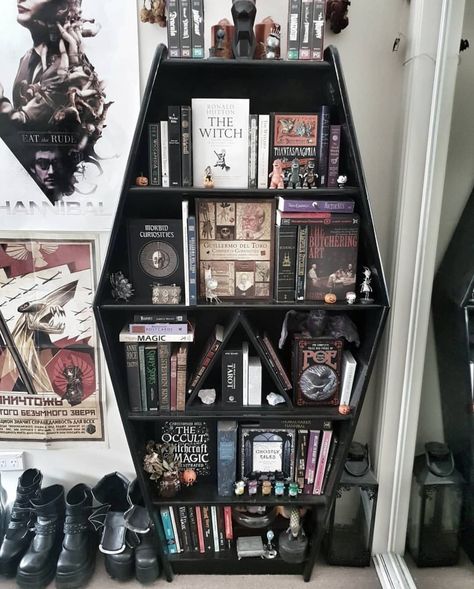 This bespoke bookcase is so perfect!! 😭📸 @Fiiendfyre.#books #bookcase #coffin #black #goth #gothic #gothgoth #home #homegoals Gothic Bookshelf Aesthetic, Bedroom Bookcase Aesthetic, Gothic Bedroom Aesthetic, Coffin Shelf, Goth Bedroom, Gothic Bedroom, Spell Books, Gothic Furniture, Goth Home