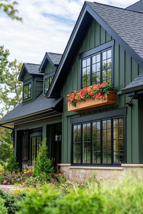 Upclose craftsman house in hunter green siding dark roof modern windows with flower boxes. Fall in love with the charming features, history, and designs that make Craftsman houses so wonderful. Sage Craftsman Exterior, Red Hardie Board House, Outside Vinyl Siding Colors, Sage Board And Batten Siding, Exterior Paint Colors For House With Brick And Siding, Craftsman Home Colors Exterior, Hunter Green Houses Exterior, Pacific Northwest Homes Exterior, Dark Blue Green Exterior House Colors