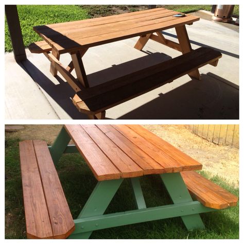 Picnic Table Paint Ideas, Picnic Table Painting Ideas, Green Picnic Table, Painted Picnic Table, Painted Picnic Tables, Picnic Table Makeover, Beach House Patio, Round Picnic Table, House Patio