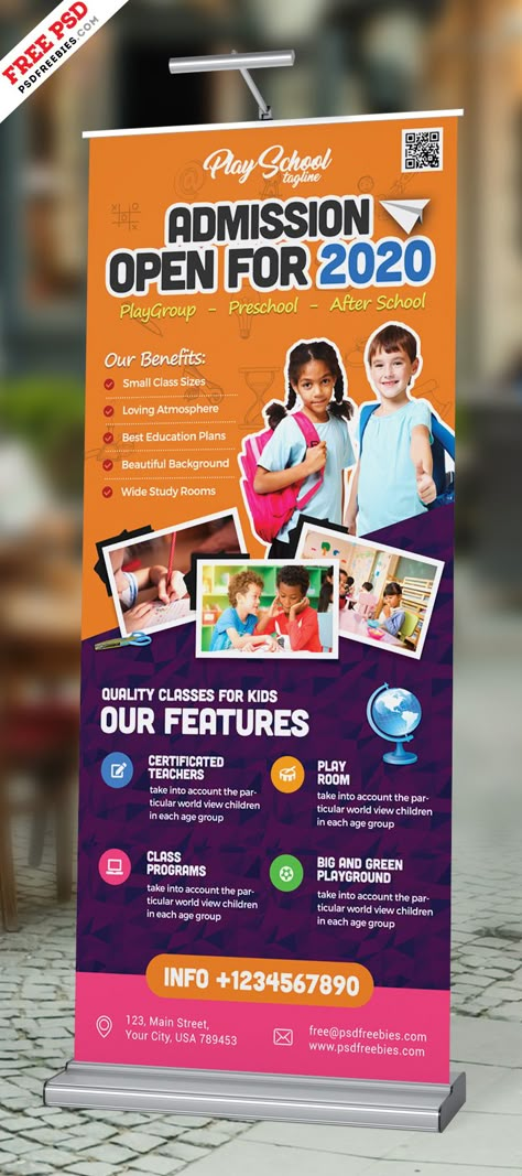 School Admission Open Roll-up Banner PSD School Admissions Banner, School Admission Brochure, Education Standee Design, School Banners Ideas, Educational Banner Design, School Leaflet Design, Banner School Design, Banner Ideas For School, Education Banner Design Ideas