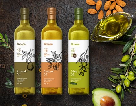 Greaso - Label Design on Behance Organic Label Design, Bottle Poster Design, Ready To Eat Food Packaging, Wine Label Design Ideas, Oil Packaging Design Bottle, Oil Packing Design Bottle, Oil Bottle Design, Olive Label Design, Olive Oil Packaging Design Ideas