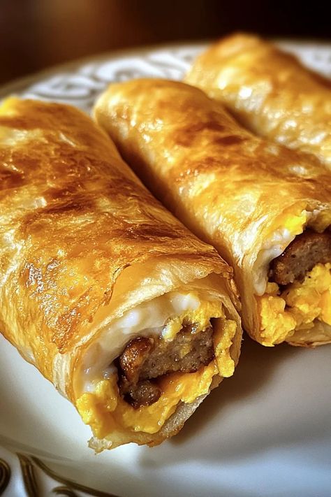 Start your day with Sausage, Egg, and Cheese Breakfast Roll-Ups! Easy to make, packed with cheesy, savory goodness & perfect for on-the-go mornings. Customize with your favorite ingredients. Save this recipe and try it! Ham Egg And Cheese Roll Ups, Savory Breakfast Buns, Breakfast Burrito Recipe Sausage, Cream Cheese Egg Rolls, Grab N Go Breakfast, Breakfast Egg Rolls, Goat Cheese Omelette, Sausage Crescent Rolls, Sausage Breakfast Sandwich