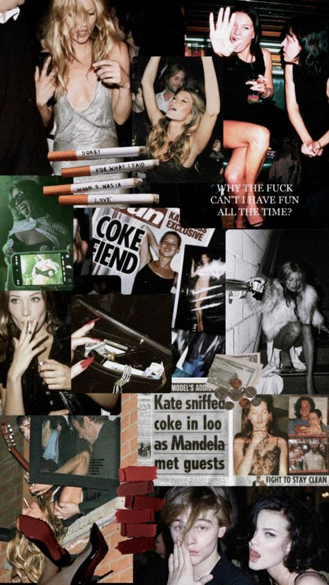 Kate Mess Aesthetic, Rockstar Girlfriend Lockscreen, Kate Moss Lockscreen, 365 Party Girl Aesthetic, Kate Moss Aesthetic Wallpaper, Party Collage Aesthetic, Kate Moss Rockstar, Film Collage Aesthetic, Rockstar Girlfriend Moodboard