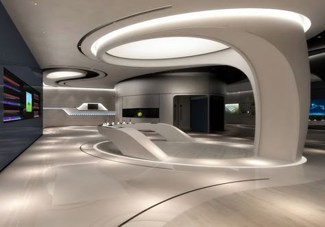 Futuristic Office, Futuristic Interior Design, Scifi Interior, Hotel Lobby Design, Spaceship Interior, Futuristic Home, Futuristic Interior, Curved Walls, Lobby Design