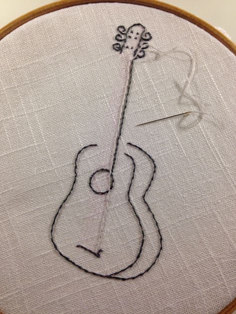 Guitar embroidery Embroidery Guitar Design, Guitar Embroidery Designs, Guitar Embroidery, Diy Embroidery Hoop Stand, Music Embroidery, Diy Embroidery Shirt, Embroidery Jeans Diy, Hoop Crafts, Embroidery Hoop Crafts