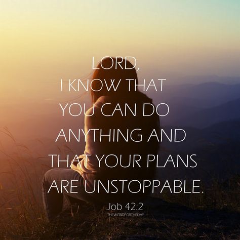 “I know that You can do anything, and that Your plans are unstoppable.” Job 42:2 Nothing could stop Jesus from bearing our sins. Nothing could stop Him from rising from the dead. No force in hell... Job Bible Quotes, Job Bible Verse, Job 42 2, Job Bible, Verse Bible, Encouraging Verses, Motivational Bible Verses, Job Quotes, Quotes Christian