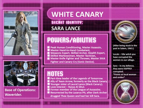 White Canary Dc, Character Profile Template, Villain Design, Winter Widow, Dr Script, Dinah Laurel Lance, Sara Lance, Supergirl Costume, Anime Magic