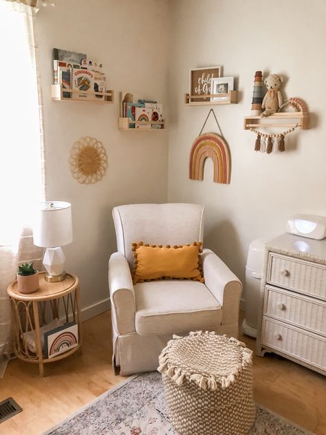 Rocking Chair Corner Nursery, Nursery Glider Corner, Nursery Rocker And Side Table, Nursery Rocking Chair Corner, Nursery Corner Shelves, Boho Nursery Chair, Nursing Chair Corner, Nursery Chair Corner, Nursery Corner Ideas