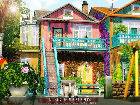 MychQQQ's Rustic Boho House Sims 4 Crazy House, Sims Boho Cc, Rustic Boho House, Magnolia Promenade, Hippie House, The Sims 4 Lots, Die Sims 4, Sims Builds, Sims 4 House Plans