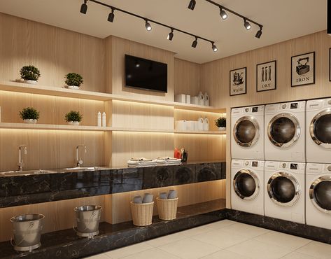 Luxury Laundry Mat, Commercial Laundry Room Ideas, Hotel Laundry Room Design, Public Laundry Room Design, Public Laundry Room, Communal Laundry Room, Commercial Laundry Room Design, Fancy Laundromat, Laundromat Interior Design