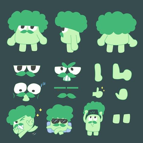 Vector broccoli character | Premium Vector #Freepik #vector Broccoli Character Design, Vector Poster Illustration, Toy Logo Design Ideas, Character Sticker Design, Round Character Design, Brand Mascot Design, Broccoli Character, Food Character Design, Blob Character