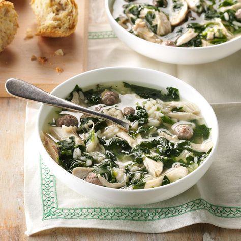 Calabrian Holiday Soup Recipe -My family is from the Italian region of Calabria; our version of Italian wedding soup has been handed down through the generations. We serve this soup with the Christmas meal as well as weddings. —Gwen Keefer, Sylvania, Ohio Holiday Soup Recipes, Holiday Soup, Escarole Soup, Holiday Soups, Italian Wedding Soup Recipe, Mediterranean Cooking, Christmas Dinners, Christmas Meal, Easter Dishes