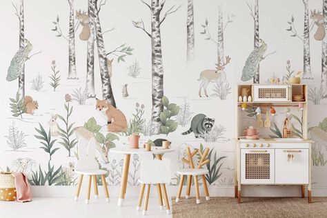 Nursery Murals & Baby Room Wallpaper Murals Home Interior Decor – Page 8 Wallpaper Woodland, Mural Landscape, Landscape Mural, Vintage Style Wall Decor, Wallpaper Forest, Paint Wallpaper, Animal Mural, Nursery Mural, Vintage Flowers Wallpaper