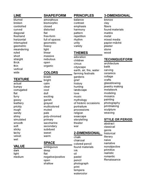 Word bank for art terms- help to develop the students and their grasp of academic language. Art Vocabulary, Art Assessment, Art Analysis, Art Critique, Art Handouts, Art Teacher Resources, High School Art Lessons, Art Criticism, Art Terms