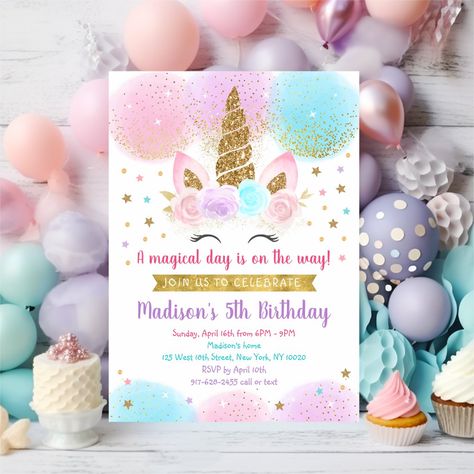 Unicorn Birthday Pink Gold Rainbow Invitation Unicorn First Birthday, Rainbow Invitation, Rainbow Unicorn Party, Rainbow Birthday Invitations, Rainbow Invitations, Magical Birthday, Rainbow Unicorn Birthday, Glitter Unicorn, 1st Birthday Party Invitations