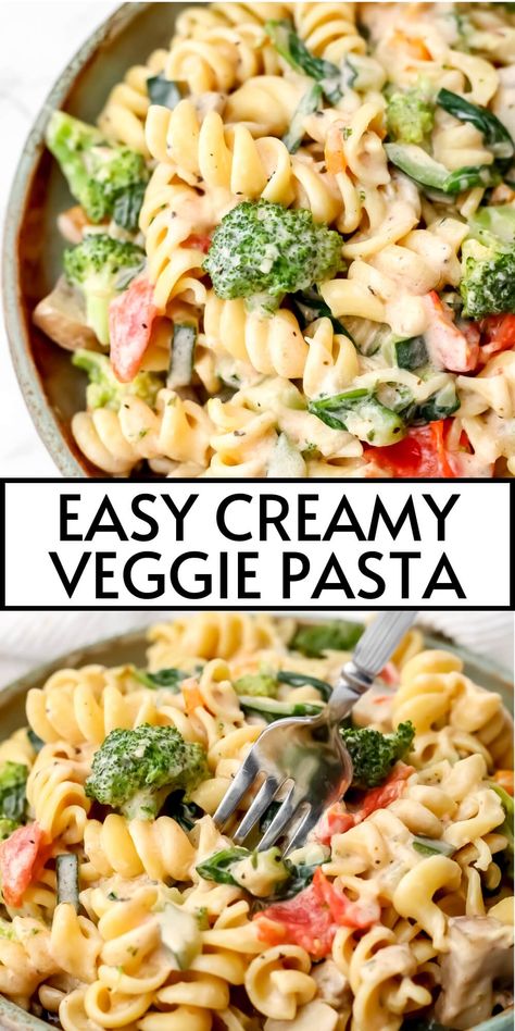 This easy, creamy veggie pasta whips up in less than 20 minutes for a satisfying vegetable-packed vegan and dairy-free meal that's pure creamy comfort food. Toss in whatever veggies you have for a simple dinner that the family will love. Works great with regular or gluten-free pasta. thehiddenveggies.com Dinner Recipes Hidden Veggies, Creamy Chicken Veggie Pasta, Vegetarian Non Dairy Recipes, Dinner Recipes For Family No Meat, Simple Pasta Recipes Vegetarian, One Pot Pasta Recipes Vegetarian, Quick Vegan Gluten Free Meals, Easy Gf Vegetarian Dinner Recipes, Recipes With No Tomatoes