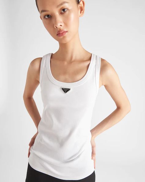 Prada Logo, Jersey Tank Top, Maxi Jersey Dress, Triangle Logo, Knitted Tank Top, White Tank Top, Women's Summer Fashion, White Tank, Black Tank Tops