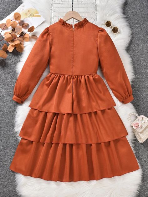 Girls Frill Trim Ruffle Layer Hem Dress | SHEIN USA Bishop Sleeve, Hem Dress, Ruffle Hem, Dress P, No Frills, Stand Collar, Kids Fashion, Girls Dresses, High Waist