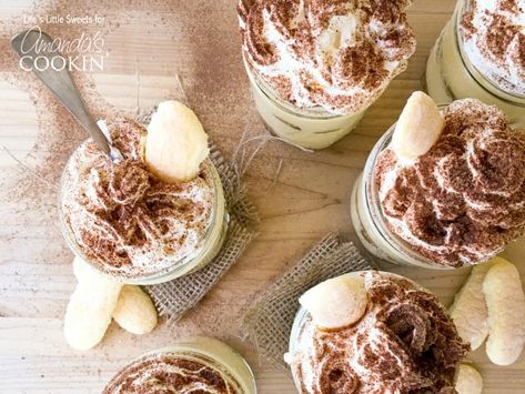 Tiramisu lovers will adore this tiramisu trifle served in mason jars! 2 layers of espresso-soaked ladyfingers, rich cream and whipped cream dusted w/ cocoa. Novelty Desserts, Jar Pies, Tiramisu Cream, Mason Jar Pies, Tiramisu Trifle, Classic Tiramisu, Tiramisu Dessert, Sweet Foods, Making Whipped Cream