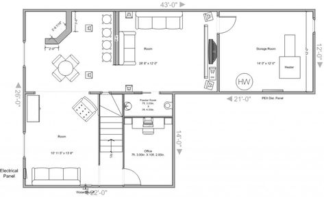 Basement plans - need thoughts, ideas, suggestions - AVS Forum Small Basement Layout Floor Plans, Basement Plans Layout Design, U Shaped Basement Layout, Long Basement Layout, Open Concept Basement Layout, Basement Blueprints Floor Plans, Finished Basement Layout Floor Plans, Open Basement Layout, Basement Floorplan Ideas Layout