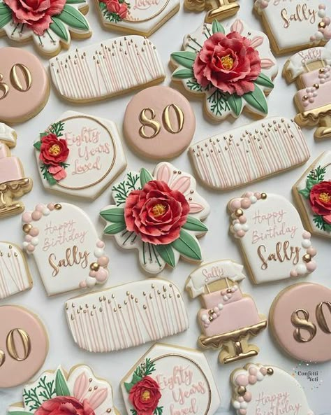 Kerstyn Lott on Instagram: "Something about this set has me smitten- the big bold florals? The pattern of the candles? The color palette? Or all of the above to celebrate Sally, a lady who has 80 years of love and stories to tell? Imagine the stories you will have to tell after 80 years…. #decoratedcookies #cookiedecorating #cookieart #cookieinspo #sugarcookies #royalicingcookies #sugarcookiesofinstagram #birthdaycookies #80yearsloved #floralcookies #dallascookies #dallasmoms #friscocookies #f 70th Birthday Royal Icing Cookies, 90th Birthday Cookies Decorated, 80th Birthday Cookies Decorated, 80th Birthday Cookies, Bday Cookies, Icing Roses, Mary Birthday, Cutout Cookie, Favors Ideas