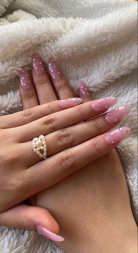 Rimstones On Nails, Clear Pink Nails With Rhinestones, Clear Rhinestone Nails, Clear Nails With Rhinestones, Baby Pink Nails, Pink Nail Art, Acrylic Nails Coffin Pink, Rose Nails, Pink Nail Designs