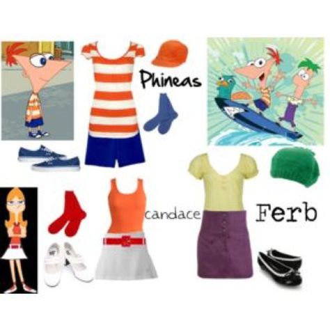 Phineas and Ferb Phineas Y Ferb Disfraz, Character Day Spirit Week Last Minute, Disney Character Outfits Spirit Week, Phineas And Ferb Costume, Movie Character Ideas, Purim Ideas, Disney Character Outfits, Characters Outfits, Outfits For Ladies