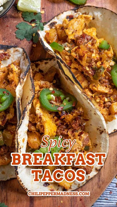 It’s time for Spicy Breakfast Tacos this morning in the Chili Pepper Madness kitchen, my friends! Pull up a chair and have one of these. These spicy breakfast tacos are loaded with Mexican chorizo, diced potatoes, scrambled eggs and jalapenos with all the fixings. Grab the tortillas! For true spicy food lovers. Spicy Breakfast, Popular Breakfast Recipes, Breakfast Tacos Recipe, Chorizo And Potato, Mexican Chorizo, Recipe Mexican, Mexican Breakfast Recipes, Mexican Breakfast, Diced Potatoes