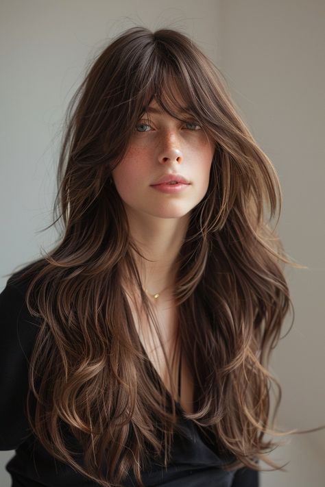 2024 Hair Cuts Women Long, Long Hair Cuts 2024 Trends, 2024 Hair Trends For Women With Bangs, Haircut For Long Hair With Bangs, Long Haircut Ideas 2024, Long Hair 2024, Long Layers Bangs, Blonde Pony, Mid Length Curly Hairstyles