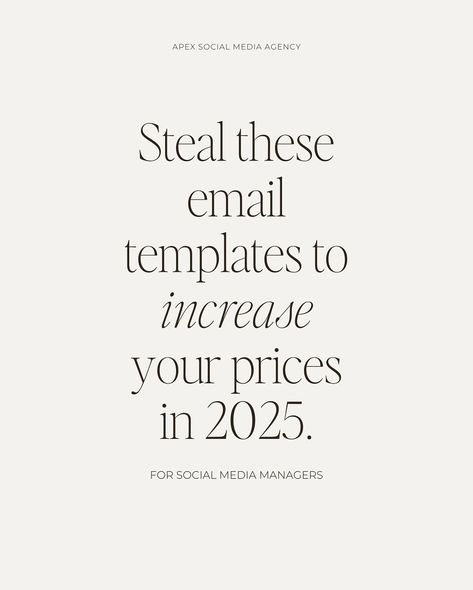 Thinking it’s time to increase your prices as a SMM? 👀 But not sure how to say it… Steal these email templates! 🔗 You’re not the bad person for needing to increase your prices but you do have to go about it in a professional and fair manner. Always try and give your existing clients 30-60 days notice before increasing the price. This way they can get a head start to find alternative help if they can’t stay working with you (which yes, is a risk you have to take). Gone are the days of... Bad Person, Email Templates, Head Start, Social Media Manager, Things To Think About, Social Media, Quick Saves