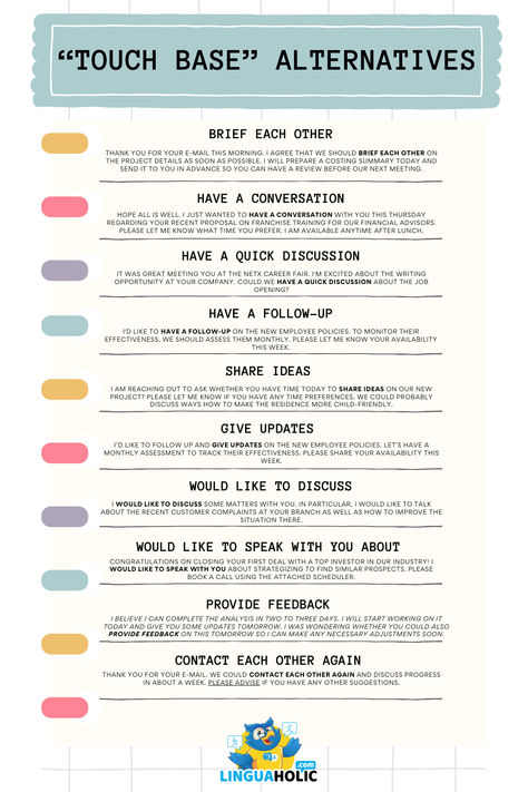 Looking to diversify your business language? Discover 20 fresh alternatives to the phrase 'touch base' perfect for emails, meetings, and professional updates. Elevate your business correspondence with these smart, concise, and effective expressions. Start communicating with confidence today! 🌟 #BusinessCommunication #ProfessionalWriting #WorkplaceTips Business Language, Other Ways To Say, Professional Writing, Business Communication, Confidence, Quotes