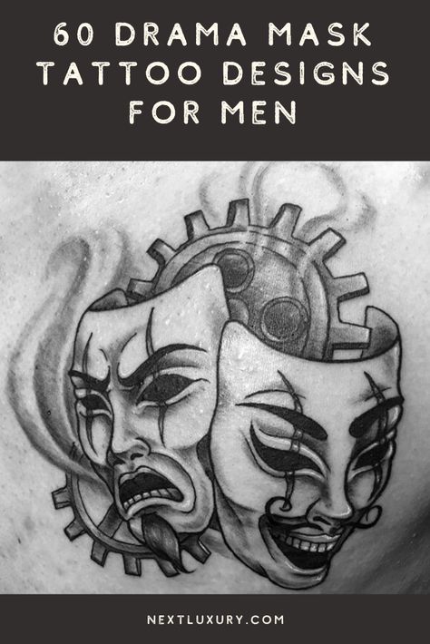 “All the world’s a stage,” penned Shakespeare, though we arguably have the ancient Greeks to thank for theatre as we know and enjoy it today.No two symbols stand out in the genre quite like the famous contrasting masks representing the two notable sides of theatre and life: comedy and tragedy. #nextluxury #tattooideas #tattoodesigns Two Face Mask Tattoo, Two Faced Mask Tattoo, Face Mask Tattoo, Theater Tattoo, Two Face Mask, Theater Mask Tattoo, Theatre Tattoo, Theatre Faces, Chicano Tattoos Sleeve