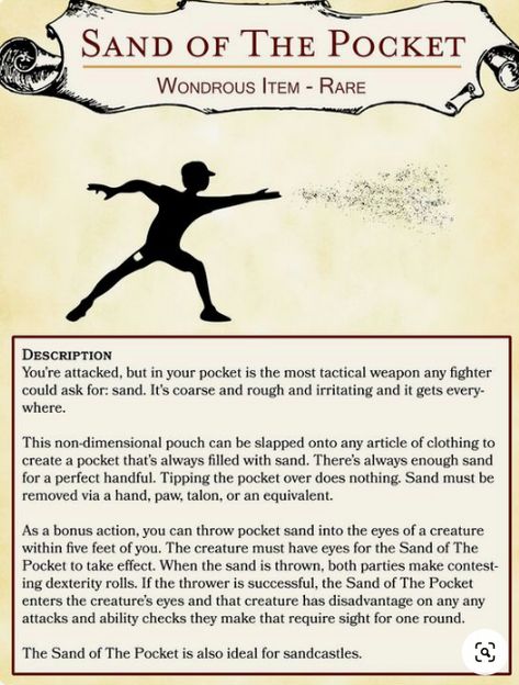 Dnd Magic Items Homebrew Fighter, Sand Monster Dnd, Silly Magic Items Dnd, Funny Magic Items 5e, Dnd Loot Ideas, Dnd Homebrew Items Funny, Dnd Item Ideas, Dnd Items Funny, Dnd Squirrel