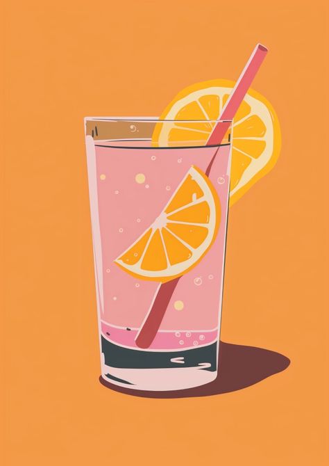 Pink Drink Poster, Orange And Pink Poster, Food And Drink Illustration, Limoncello Illustration, Alcohol Graphic Design, Drink Art Illustration, Drink Illustration Graphics, Pop Art Candy, Drinks Illustration