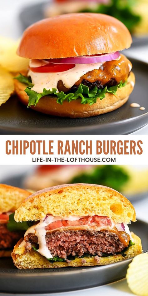 Creamy Ranch Sauce, Homemade Hamburger Patties, Meatloaf Burgers, Delicious Burger Recipes, Grilled Burger Recipes, Ranch Burgers, Chipotle Ranch Dressing, Ranch Sauce, Juicy Burgers