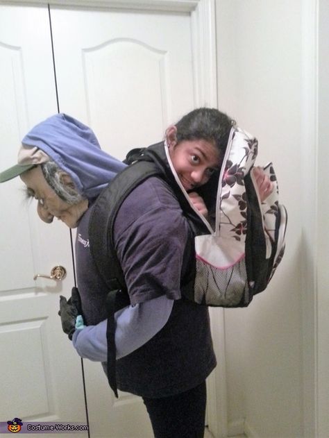 Neha: This is an illusion costume where it looks like I am being carried by an old man in his backpack. My mom and I love to make illusion costumes (See... Halloween Ordurves, Illusion Costumes, Old Man Mask, Teenage Halloween Costumes, Halloween Costumes 2016, Box Costumes, Fun Halloween Food, Clever Halloween Costumes, Costume Works