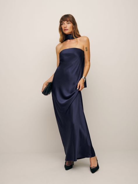 Don't flirt with me. The Oren is a strapless midi dress with a straight neckline, an A-line silhouette, and a matching scarf detail. Earthy Wedding Guest Dress, Navy Strapless Dress, Formal Wedding Guest Attire Spring, Strapless Wedding Guest Dress, Strapless Dress With Scarf, Navy Dress Wedding Guest, Dress With Scarf Formal, Navy Blue Dress Outfit Wedding, French Wedding Guest