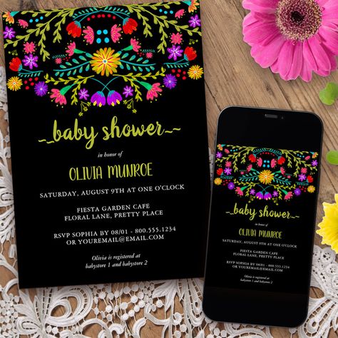 Mexican Fiesta Floral Black Colorful Baby Shower Invitation  Zazzle Day Of The Dead Baby Shower Ideas, Dia De Los Muertos Baby Shower Ideas, Mexican Themed Baby Shower Ideas, Fiesta Baby Shower Ideas, Mexican Folk Art Flowers, Mexican Baby Shower Theme, Baby Shower Mexicano, Heart Shaped Bouquet, Shower Vibes