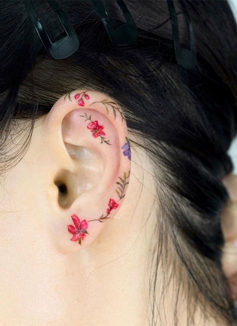 30+ Beautiful Flower Tattoo Ideas : Colourful Tiny Flower Tattoo on Ear I Take You | Wedding Readings | Wedding Ideas | Wedding Dresses | Wedding Theme Flower Tattoo Ear, Tiny Flower Tattoos, Behind Ear Tattoos, Tattoo For Boyfriend, Beautiful Flower Tattoos, Tasteful Tattoos, Tatuaje A Color, Floral Tattoo Design, Tattoo Designs And Meanings