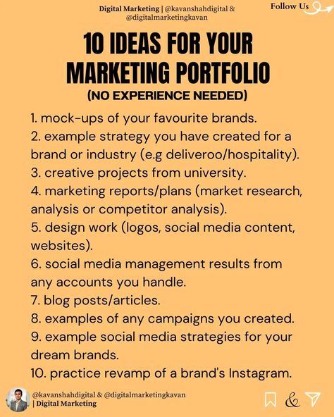 👍🏻 Save This If You're Currently Making a 10 Ideas For Your Marketing Portfolio (No Experience Needed) ✅ 😱 It's a myth that you need experience to be able to build a marketing portfolio. ↕️ Swipe to see all the things you can add to your marketing portfolio even if you don't have any experience! Let me know if you liked this post and what you think in the comments 💬 👇🏻 🔁 Share this useful post with your people & ❤️ Like 🚀 Get your business to the next level through digital marketing For... Digital Marketing Portfolio Examples, Social Media Marketing Portfolio, Marketing Portfolio Examples, Digital Marketing Portfolio, Success Board, Marketing Portfolio, Business Major, Marketing Report, Career Help