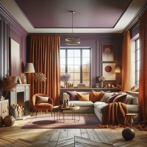 purple walls and burnt orange curtains Purple Kids Room, Light Purple Walls, Dark Purple Walls, Burnt Orange Curtains, Sage Green Curtains, Curtain Colors, Taupe Curtains, Purple Living Room, Orange Furniture