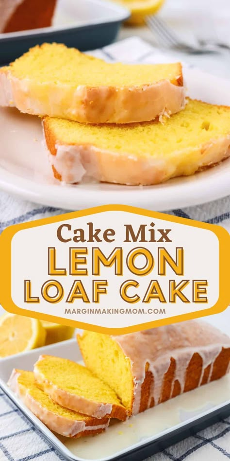 This lemon loaf cake is a cinch to make, thanks to cake mix and pudding mix! It's topped with a zippy lemon glaze, giving it a homemade taste with minimal effort. Lemon Cake From Cake Mix Boxes, Lemon Cake Mix Bread, Lemon Loaf Cake From Cake Mix Boxes, Lemon Cake Loaf Recipe, Easy Lemon Loaf Cake Recipes, Lemon Cake Pudding, Cake Mix Lemon Pound Cake, Lemon Loaf From Box Cake, Easy Lemon Cake Mix Recipes