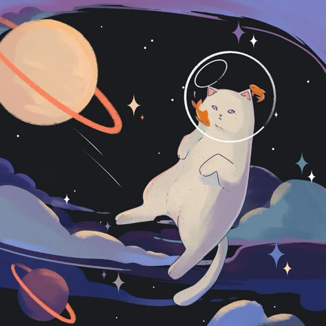 Cosmocat Space Aesthetic Character Design, Space Cat Drawing, Cat In Space, Cat Icon, Space Cat, Character Design Animation, Cats Illustration, Cat Painting, Pics Art