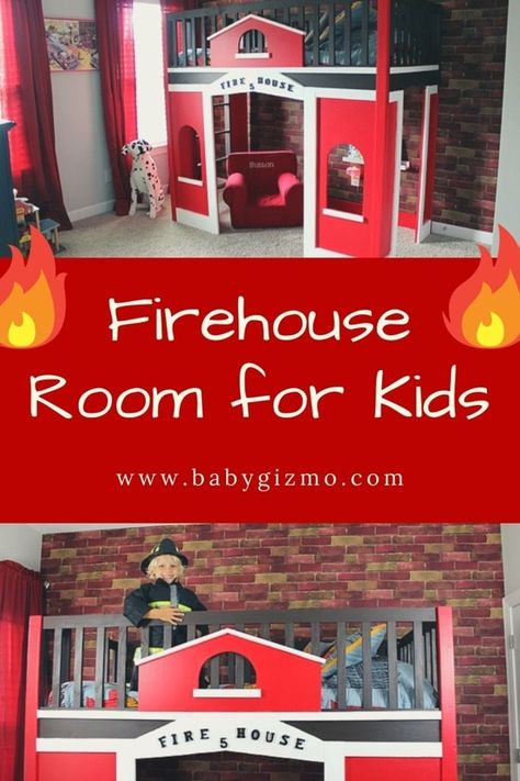 How to Create a Firehouse Room – | Baby Gizmo Fire Engine Bedroom, Fire Truck Bedroom Ideas, Fire Truck Themed Bedroom, Fire Station Bedroom, Firefighter Bedroom Ideas Kids, Fire Truck Room Ideas Little Boys, Firetruck Bedroom Boys, Fireman Nursery, Fireman Room