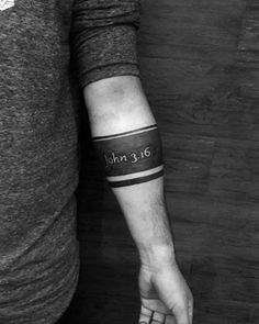 Mens Simple Christian Blackwork Forearm Band John 3 16 Tattoo Negative Space Tattoos, Armband Tattoos For Men, Negative Space Tattoo, Space Tattoos, Tattoo Band, Forearm Band Tattoos, Cross Tattoo For Men, Armband Tattoo Design, Faith Tattoo