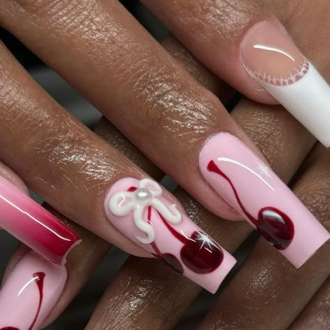 Nail Inspo Coffin, Cherry Nail, Acrylic Nail Set, Cherry Nails, Classy Acrylic Nails, Gem Nails, Girls Nails, Instagram Pose, Dream Nails