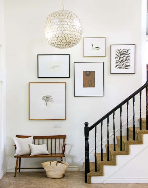 10 Art Arrangements for Your Staircase Wall Space Frame Wall Staircase, Wooden Gallery Wall, Small Staircase Gallery Wall, Frames Staircase Wall, Styling Staircase Wall, Frames Up Staircase, Staircase Frames Layout, Wall Decor For Stair Walls, Photos Up Staircase