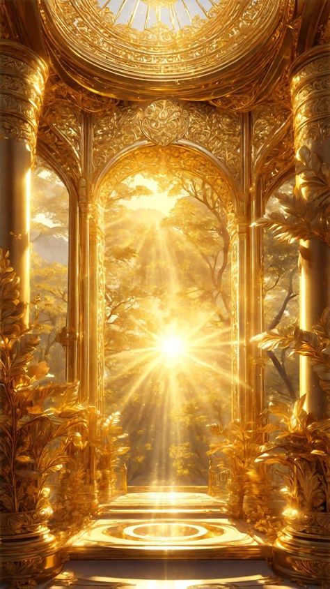 Gold Light Aesthetic, Godess Astethic, Sun Kingdom Aesthetic, Gold Sun Aesthetic, Gold Angel Aesthetic, Light Fantasy Aesthetic, Gold Background Aesthetic, Golden City, Heaven Art