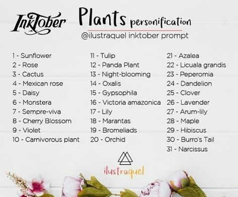 Inktober Prompts, Drawing Plants, 30 Day Art Challenge, 30 Day Drawing Challenge, Drawing Challenges, Prompt List, Art Challenges, Drawing Ideas List, Drawing Prompts