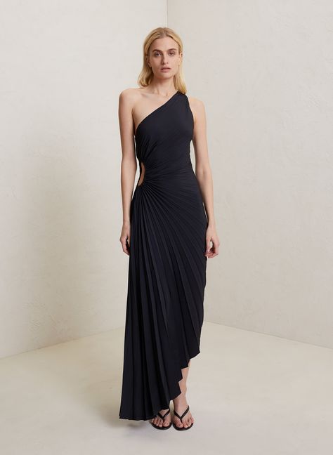 Delfina Dress, Minimal Sandals, Pleated Satin Dress, Pleated Maxi Dress, Gothic Dress, Pleated Maxi, Asymmetrical Design, Floor Length Dresses, Boho Maxi Dress